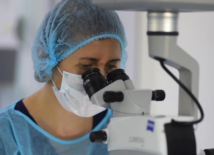 vet doing microscope exam